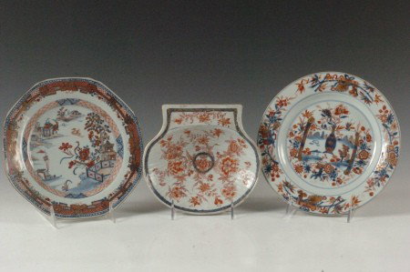 THREE GOOD PIECES OF 18TH CENTURY CHINESE EXPORT: Including an eight sided plate that measures 9 inches plus another plate that measures 9 inches diameter along with a shell shaped dish with early staple repairs and ribbed mold that measures 1.5 x 7 