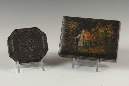GUTTA PERCHA CASE AND RUSSIAN LACQUER BOX: An American gutta percha photo case that measures 3 x 2.5 inches along with a Russian lacquer box marked Made in Soviet Union, heavy crazing to the cover, artist signed lower right and dated 1939? Mea