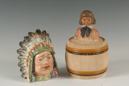 BUSTER BROWN & MAJOLICA INDIAN HUMIDORS: Terra cotta Austrian Buster Brown humidor, 7.5 x 4.75 inches. Plus a majolica Native American humidor, 5.5 x 4.25 inches.