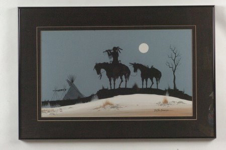 DOC TATE NEVAQUAYA (1932-1996) NATIVE AMERICAN: Tempra and watercolor on artist board, signed lower right, titled 'Midnight Love Song'. Provenance Oklahoma Indian Art Gallery, 2335 S. W. 44th st. Oklahoma City, OK. 73119. Measures 23 x 33.5 inches 