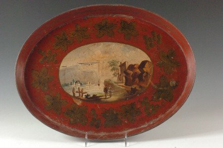A NICE ANTIQUE RED TOLE TRAY: Nice patina, measures 17.5 x 13.5 inches.
