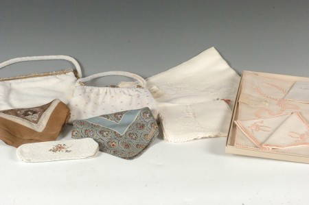 ESTATE LOT OF MARGHAB LINENS, BEADED PURSES AND VI: Includes wreath and ribbon fingertip towels by Marghab. Marghab Madeira Portugal hand embroidered linens. Two Liberty England silk scarves. Two beaded purses and a beaded glasses case. From 42 inches