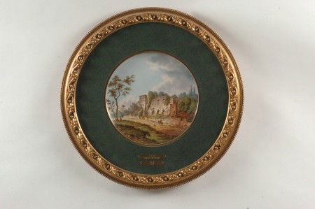 TWO FINE HAND PAINTED KPM PORCELAIN CHARGERS: Each with the blue sceptre underglaze mark, titles of 'Palace of the Caesars' and 'Pointe Lucano', circa 1900, completely hand painted without transfer. Each measures 12.5 inches in 23-inch modern fra