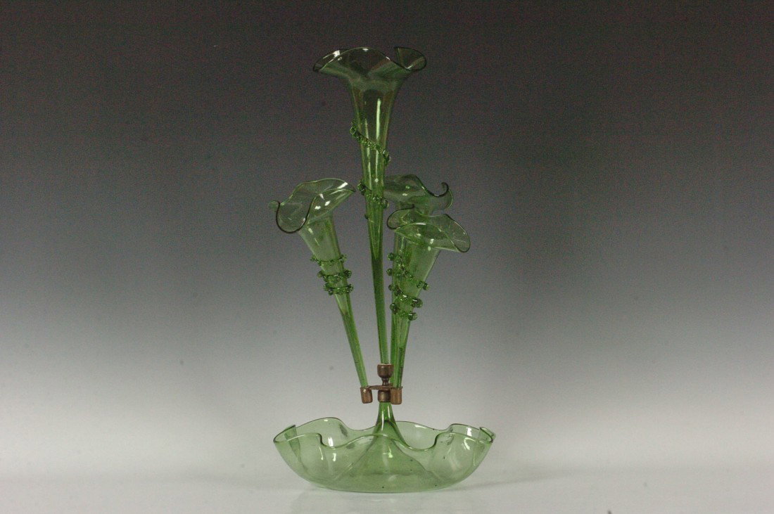 VICTORIAN EMERALD EPERGNE: Overall measurements of 20 x 11 inches.