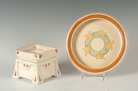 ROSEVILLE CREAMWARE DISH & PLANTER W/ LINER: Early Roseville rolled edge plate with chicks motif, 8 inches. Plus a planter with separate ceramic liner, 3.5 x 4.5 inches.