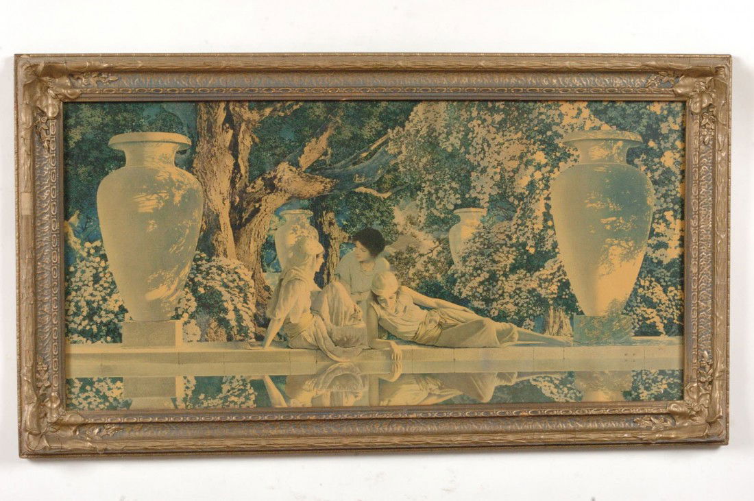 MAXFIELD PARRISH PRINT 'THE GARDEN OF ALLAH': In period frame, 14.25 x 29.25 inch sight size, 19 x 33.5 inches overall.