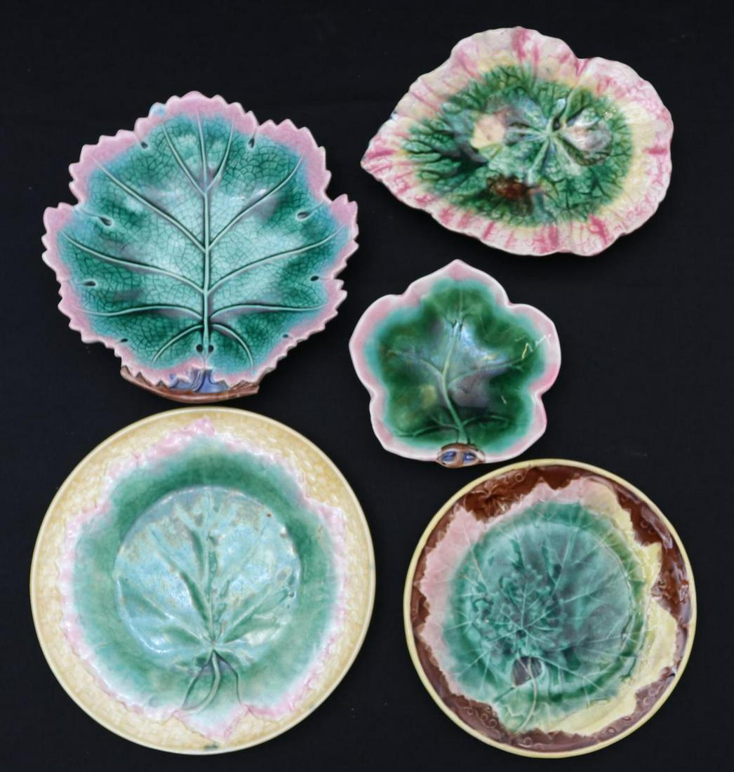 FOUR GOOD ETRUSCAN MAJOLICA LEAF TRAYS, PLUS ANOTHER (1 of 3)