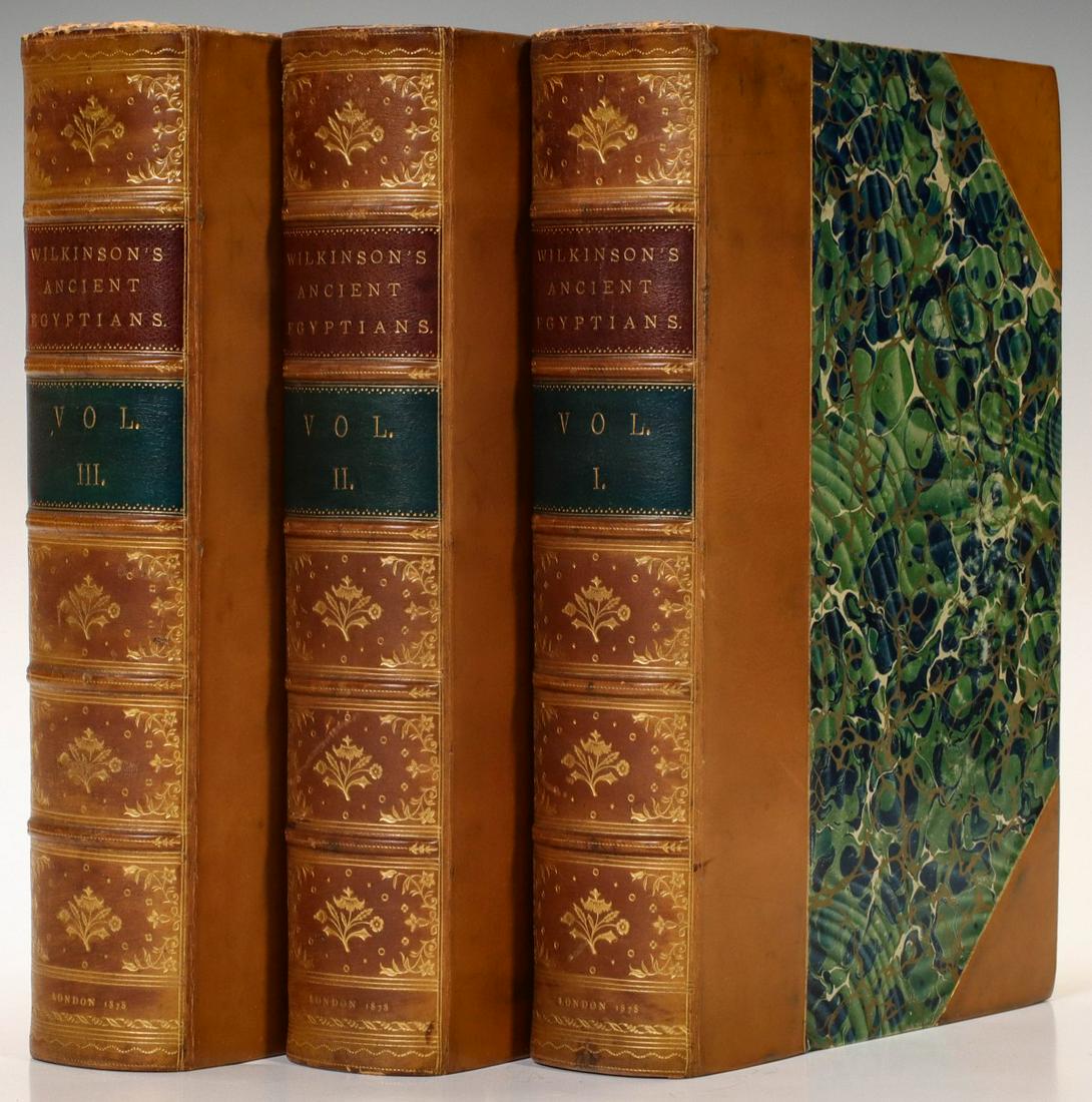 WILKINSON'S 'ANCIENT EGYPTIANS,' VOL. I-III, 1878: Wilkinson, Sir J. Gardner. The Manner and Customs of the Ancient Egyptians. Vol. I-III. London, John Murray, 1878. The highly illustrated volumes are bound in 3/4 leather covers with marble boards, ra