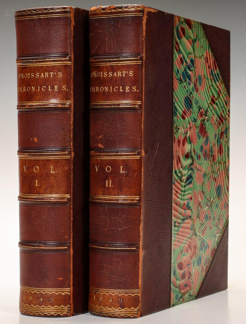 FROISSART. 'CHRONICLES OF ENGLAND FRANCE SPAIN' 1849: Froissart, Sir John. Chronicles of England, France, Spain and The adjoining Countries. Vol. I-II. London, Henry G. Bohn, 1849. Bound in 3/4 leather covers with marble boards, raised bands and gilt let