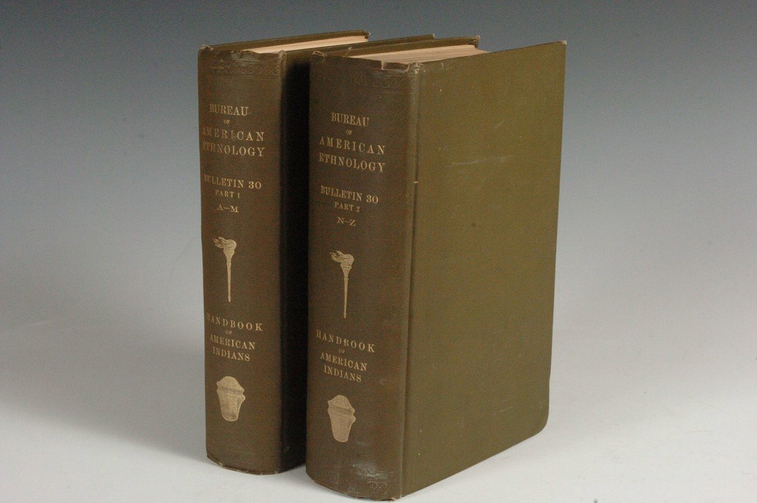 Hodge, F.W., Handbook of American Indians, 1912, 2 Vols: Fourth impression, green cloth hardcovers, edited by Frederick Webb Hodge. 8vo, toning and general wear.