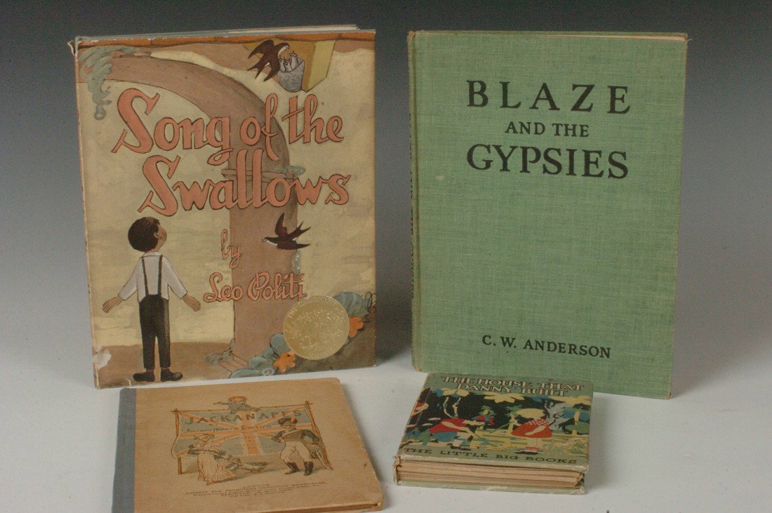 LOT OF FOUR CHILDRENS' BOOKS: Includes 'Blaze and the Gypsies,' by C.W. Anderson, Macmillan, 1937, 4to, green cloth boards. 'Song of the Swallows,' signed by the author, Leo Politi, Charles Scribner's Sons, 1949, 4to, cloth boards