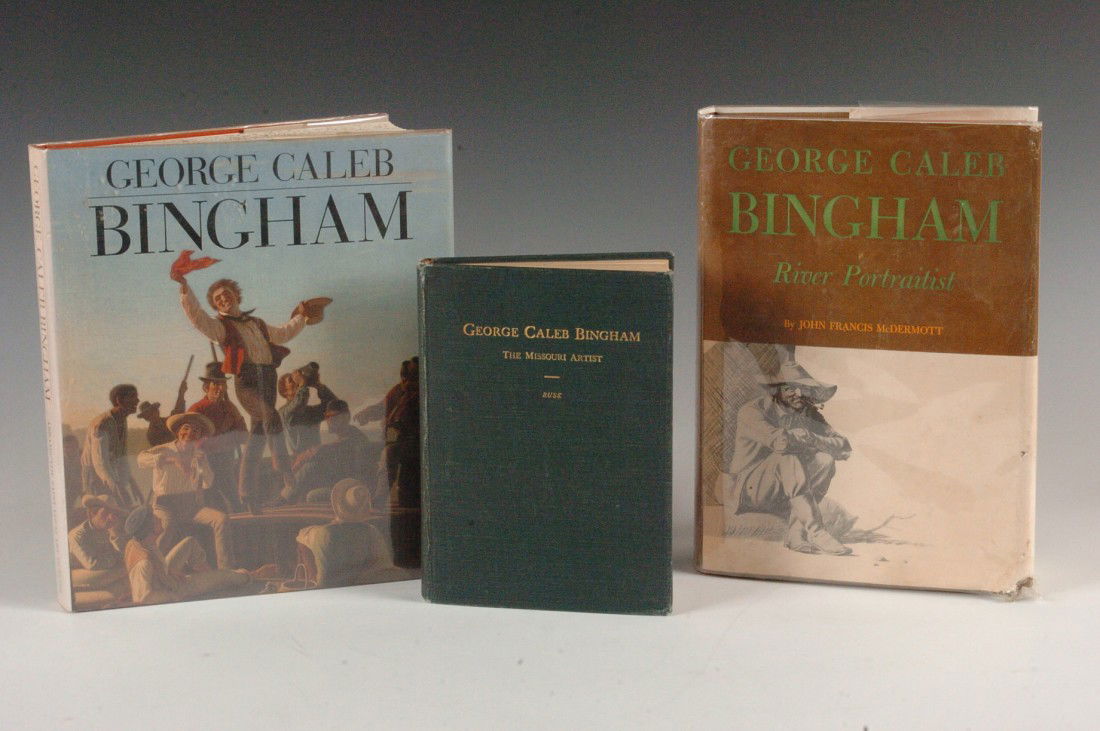 Three George Caleb Bingham Biographies and Critical App: Includes 'George Caleb Bingham: The Missouri Artist' by Fern Helen Rusk, Ph. D., Hugh Stephens Co., 1917, green cloth boards, 389/500, 135 pp., library plate front paste-down, name on back. 'George Ca