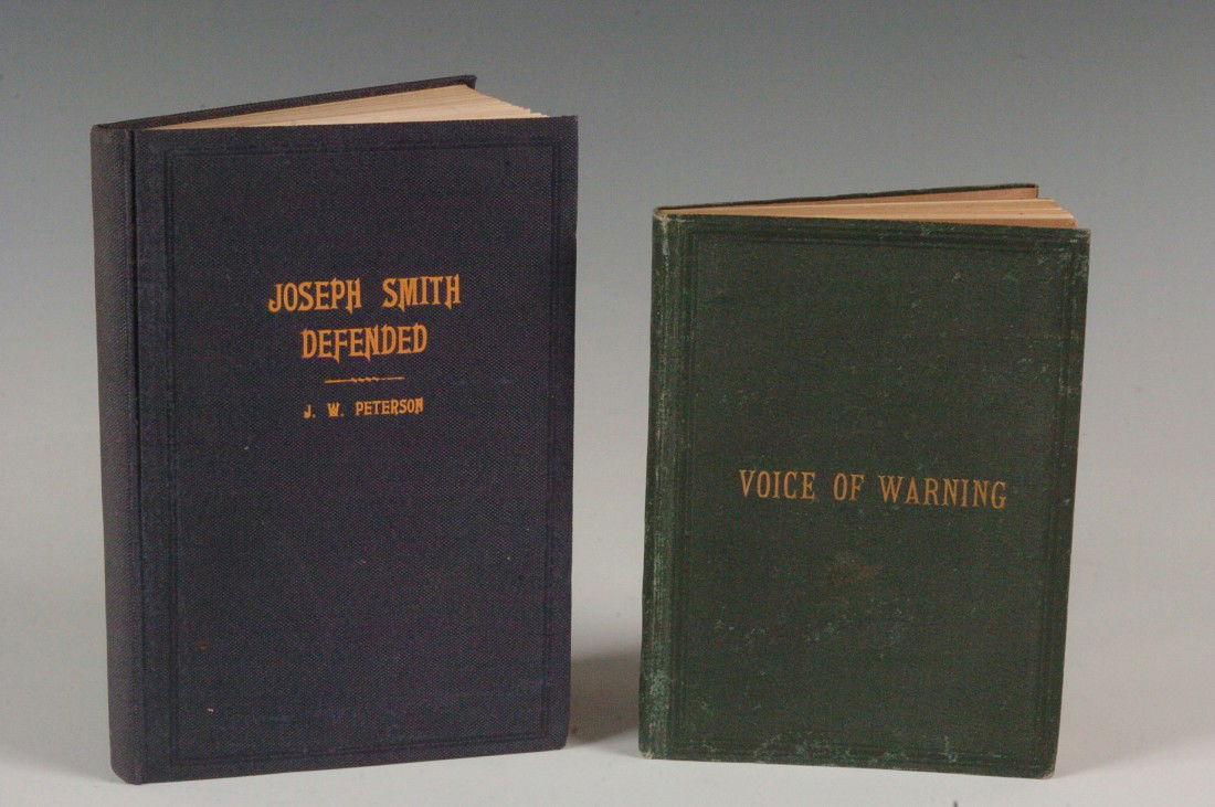 Peterson, J.W., Joseph Smith Defended, and Voice of War: Includes 'Joseph Smith Defended' by J.W. Peterson, undated, blue cloth boards, 8vo, 225 pp. Also 'A Voice of Warning, and Instruction to All People; or an Introduction to the Faith and Doctrine of the