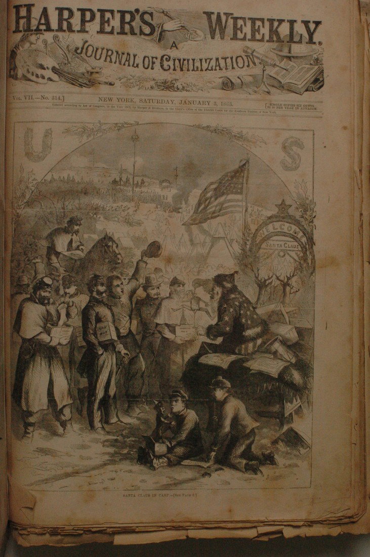 Bound Volume oF Harper's Weekly, Jan - Dec 1863: Folio size hardcover bound volume of Harper's Weekly for 1863. Significant wear and tear, toning, torn pages, bumping, rubbing, foxing, spine missing.