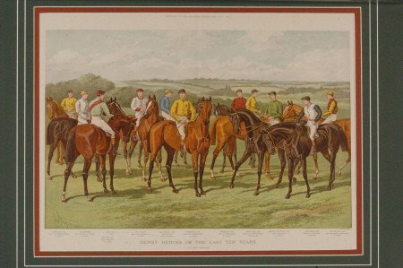 EPSOM DOWNS DERBY WINNERS BY JOHN STURGESS (FL.1869-190: June 1, 1889 print from the supplement to the Illustrated London News, 'Derby Heroes of the Last Ten Years' by John Sturgess (fl.1869-1903). Sight size 16 x 20.5, overall 22 x 27 inches.