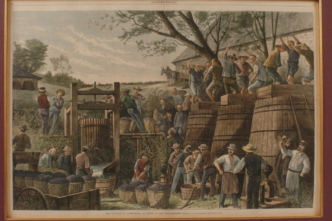 WINE MAKING 'THE VINTAGE IN CALIFORNIA' PAUL FRENZENY : A hand-colored woodblock print from Oct. 5, 1878 Harper's Weekly by Paul Frenzeny (1840-1902) 'The Vintage in California - At Work At the Presses'