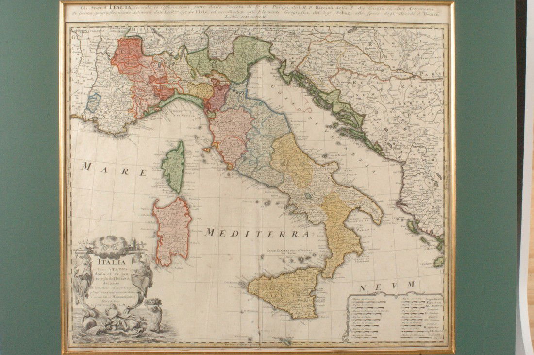 HOFFMAN 1742 MAP OF ITALY: Hand-colored with an elaborate cartouche, by the Homann Family, sight size 21 x 23 overall 32 x 31 inches.