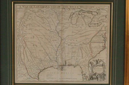 JOHN SENEX MAP OF LOUISIANA AND RIVER MISSISSIPI,: Map of French Louisiana, reportedly derived from Delisle's 1718 map. Lists native settlements and areas of 'Wandering Indians and Man-eaters,' Promiscuous Nations,' and 'Nations destroyed.' Roads and