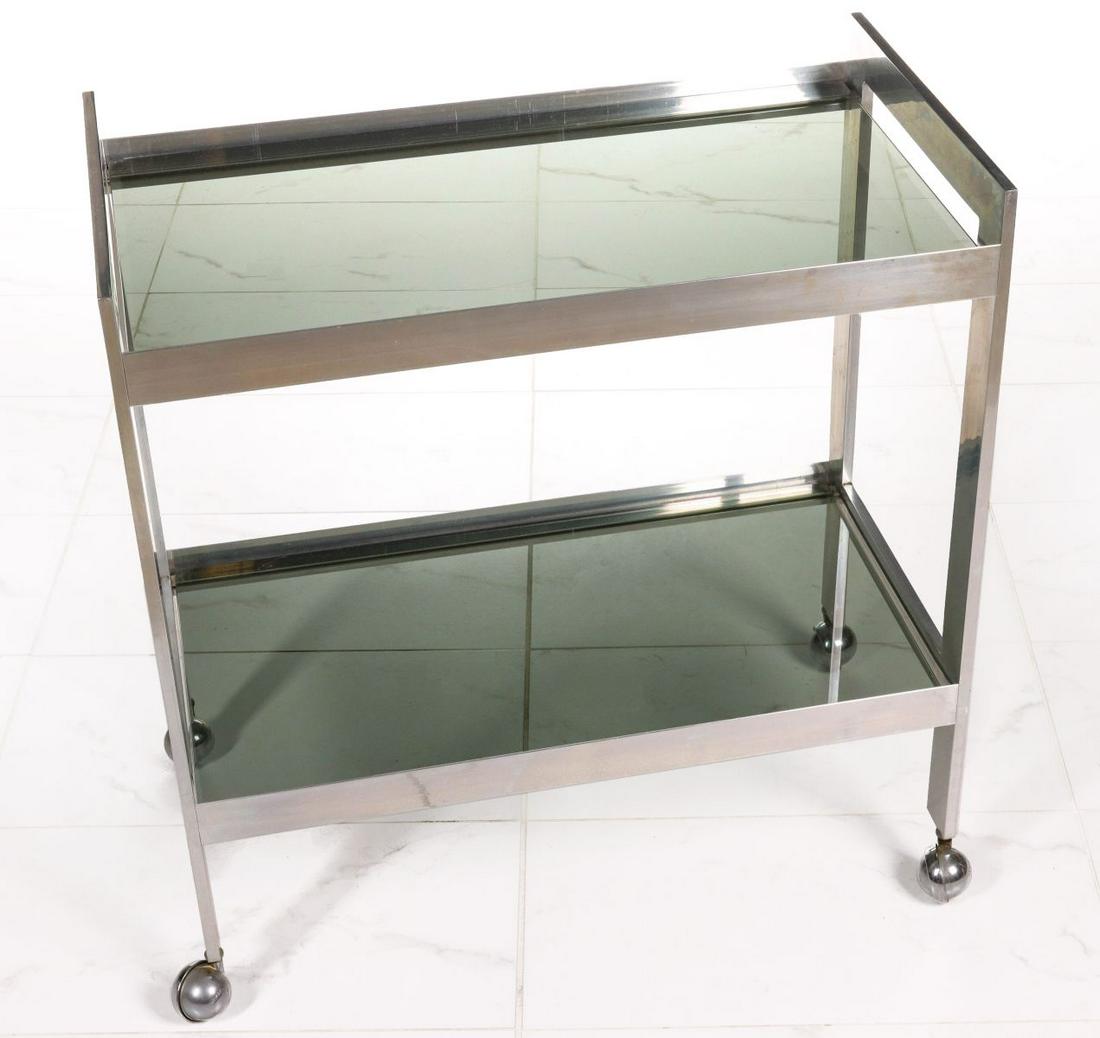 A MODERN TWO-TIER CHROME BAR CART WITH TINTED GLASS (1 of 5)