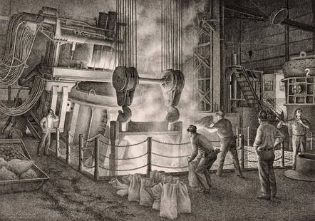 JACKSON LEE NESBITT (1913-2008) PENCIL SIGNED LITHO: Jackson Lee Nesbitt (1913-2008) Tapping A Heat/ Electric Furnace 1953 The lithograph published in an edition of 60 prints is signed by Nesbitt in pencil below the image lower right and titled lower le