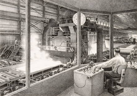 JACKSON LEE NESBITT (1913-2008) PENCIL SIGNED LITHO: Jackson Lee Nesbitt (1913-2008) Four High Rolling Mill - Sheffield Steel Corporation Circa 1953 The lithograph published in an edition of 60 prints is signed by the artist in pencil below the image lo