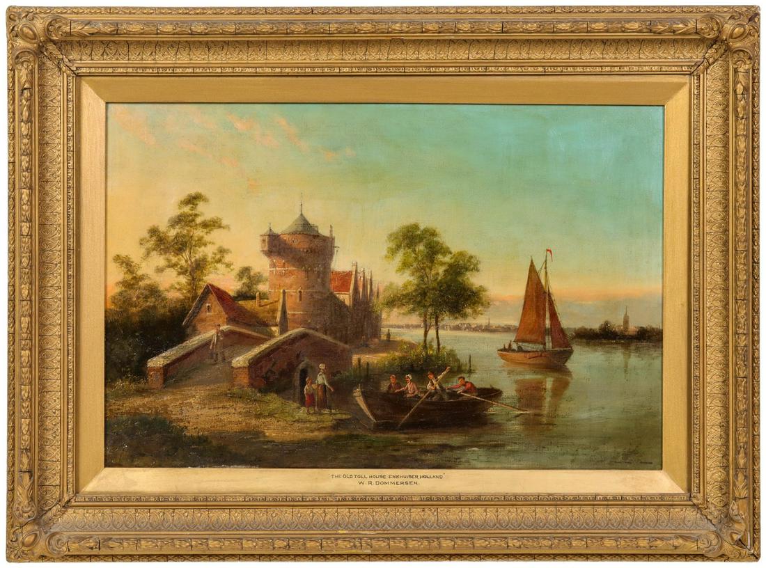 WILLIAM RAYMOND DOMMERSEN (1850-1927) OIL ON CANVAS: William Raymond Dommersen (1850-1927) The Toll House Enkhuizen Holland Late 19th Century. The oil on canvas signed lower right front and again verso is also titled in the artist's hand and displayed i