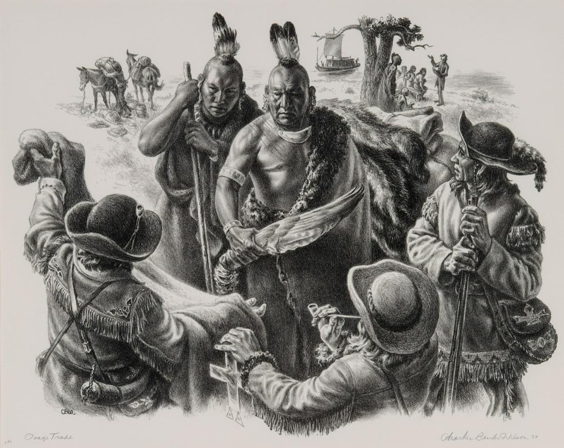 CHARLES BANKS WILSON (1918-2013) PENCIL SIGNED LITHO: Charles Banks Wilson (1918-2013) Osage Trade 1977 The lithograph from an edition of 250 prints is signed and dated by the artist in pencil lower right and titled lower left. Image measures 13 x 16.25 