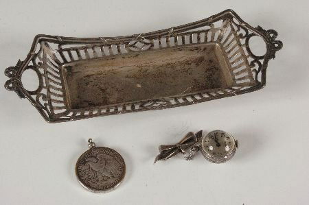 LOT OF ESTATE SILVER ITEMS: Including an .800 pierced tray, 1942 Liberty half dollar, and C. Bucherer ladies pendant watch on sterling silver bow. Lot total weight 2.6 ozt.