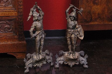 PAIR HEAVY CAST BRONZE FRENCH KNIGHT ANDIRON FRONTS: Measurements of 21 x 12 x 7 inches.