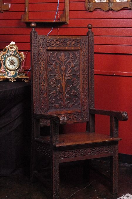 19TH C. CARVED OAK CELTIC CHAIR TREE OF LIFE: Great old dark original finish and patina, measures 50 x 21 x 21 inches.