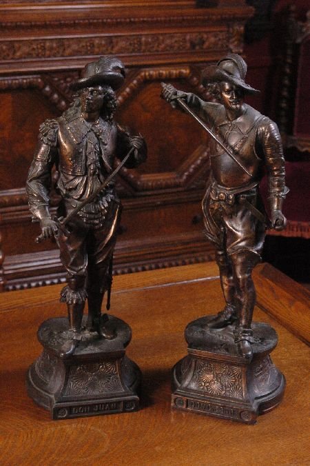 PAIR VICTORIAN SPELTER FIGURES, DON JUAN, DON CESAR: Spelter figures, measure 6 x 20.5 x 8 inches.