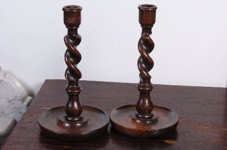 PAIR ENGLISH OAK BARLEY TWIST CANDLE STICKS: 10 inches