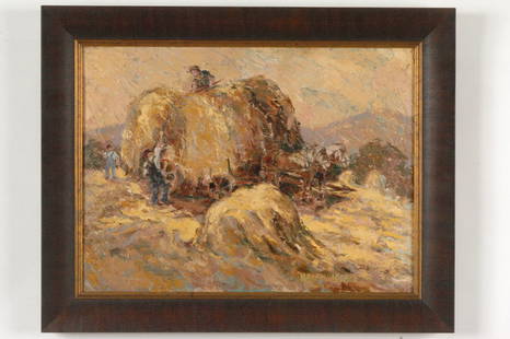 NICHOLAS MARSICANO (1908 or 1914 - 1991) ATTRIBUTED OIL: Signed N. Marsicano lower right, heavy impasto technique of a Haying Scene, not the typical subject matter for an artist with the same name and birth death dates as listed here. Canvas size of 15 x