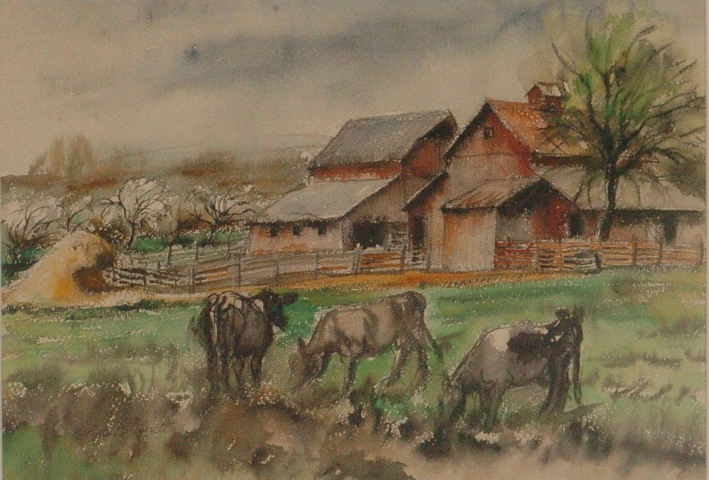 PAULINA EVERITT (1905 - 1996 KANSAS CITY) WATERCOLOR ON: A farm scene signed lower left, the sight size of 13 x19 inches through the mat with an overall framed in acid free materials with a size of 21.75 x 25.75 inches