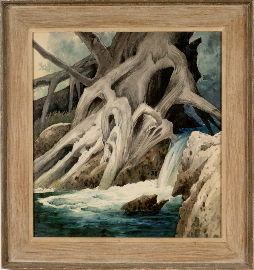 MARIO LARRINAGA (1895 - 1979 CALIFORNIA) WATERCOLOR ON : Signed lower right, appropriate period frame and an interesting study make for a nice piece of art. The size is 25.25 X 23.25 inches through the frame with an overall framed size of 32 X 30 inches