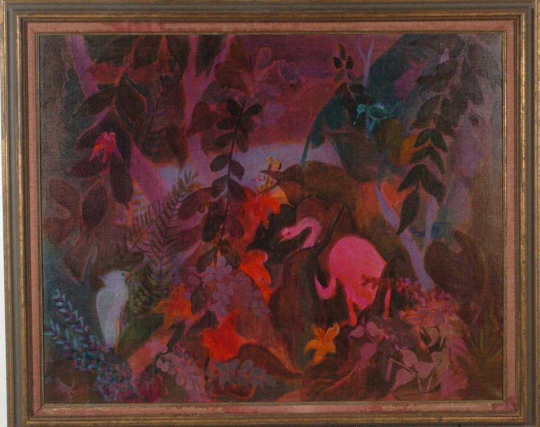 GUSTAV LIKAN (1912 - 1998) ACRYLIC ON CANVAS: Unsigned, titled 'Jungle', canvas size of 40 x 50 inches with an overall framed size of 46 x 58 inches