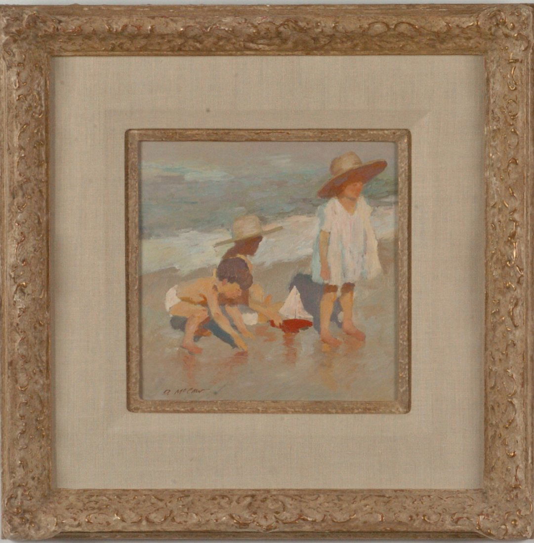 DAN McCAW (1942 - ) OIL ON PANEL CHILDREN ON THE BEACH: Signed lower left, panel size of 11 x 11 inches through the opening with an overall framed size of 19.50 x 19.50 inches