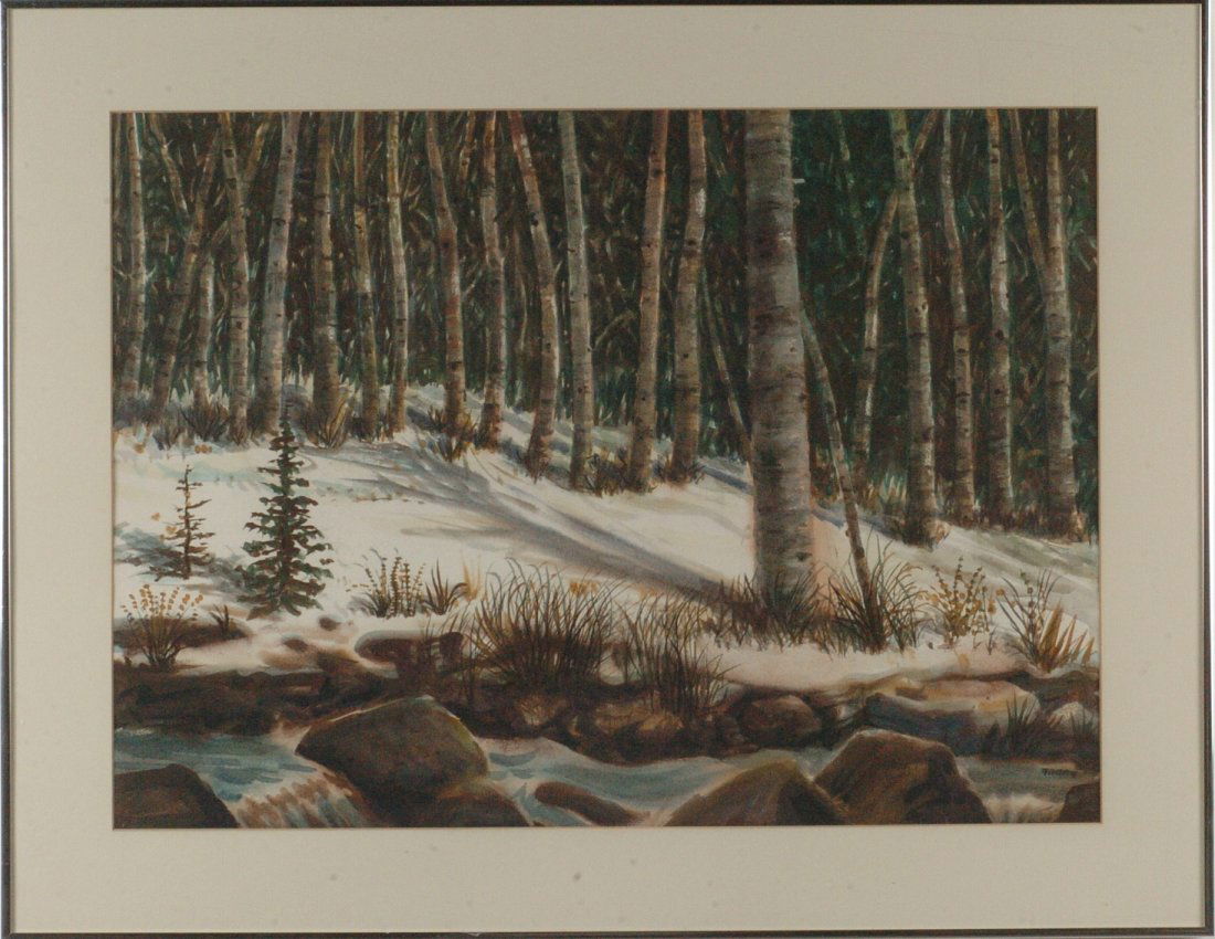 MICHAEL FRARY (1918 - 2005) WATERCOLOR: Titled 'Aspen Winter', sight size of 21 x 29.25 inches through the mat with an overall framed size of 28.25 x 36.50 inches
