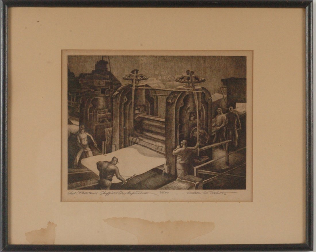 JACKSON LEE NESBITT (1913 - 2008) PENCIL SIGNED ETCHING: Inscribed in pencil lower left, 'Sheet and Plate Mill Sheffield Steel Corporation' and signed in pencil lower right with a date of '35, sight size of 10.25 x 13.75 inches through the mat with an overa
