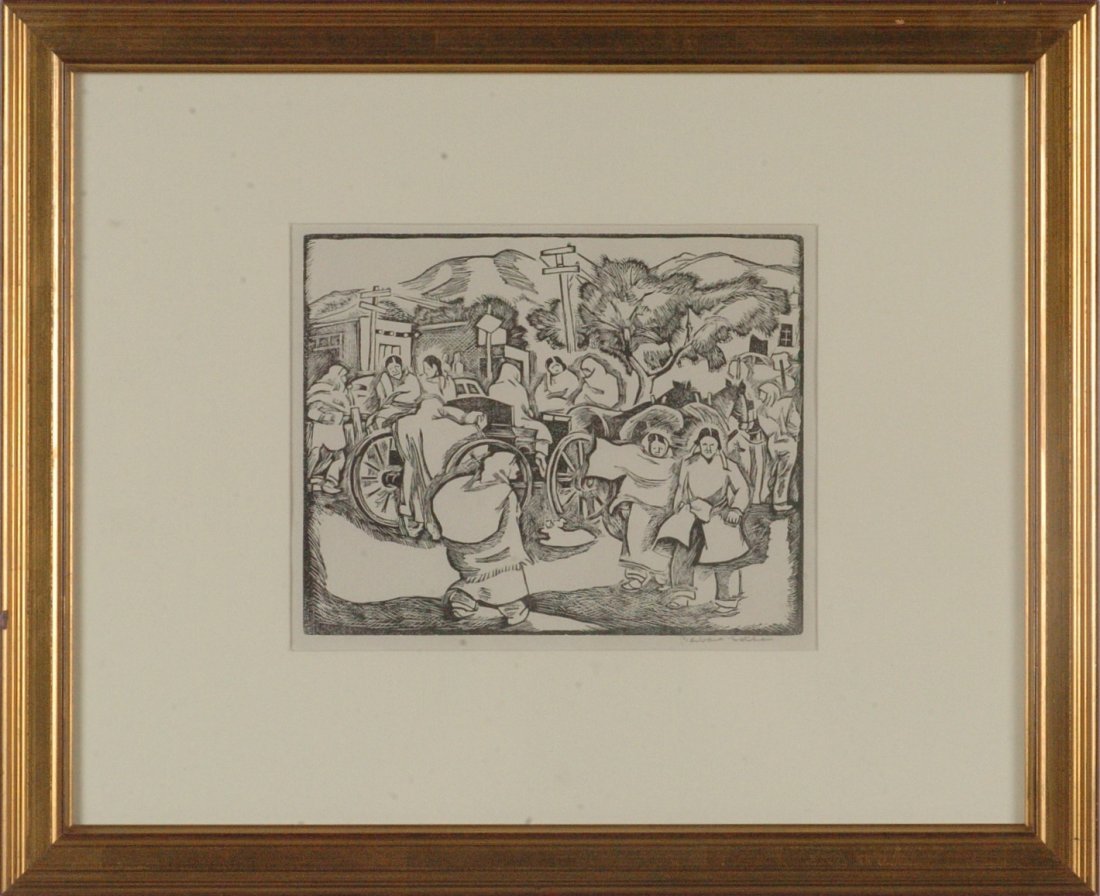 BARBARA LATHAM (1896 - 1989) PENCIL SIGNED TAOS SCENE W: A pencil signed Taos Scene wood cut with sight size of 8 x 10 inches through the mat with an overall framed size of 17.75 x 22