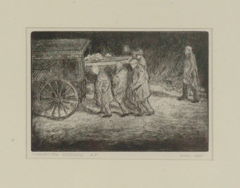 PHIL EPP (1946 - KANSAS) PENCIL SIGNED ETCHING: Signed lower right and with a title that translates to 'Mennonite Funeral', image size of 6 x 9 inches through the mat with an overall framed size of 20 x 16 inches