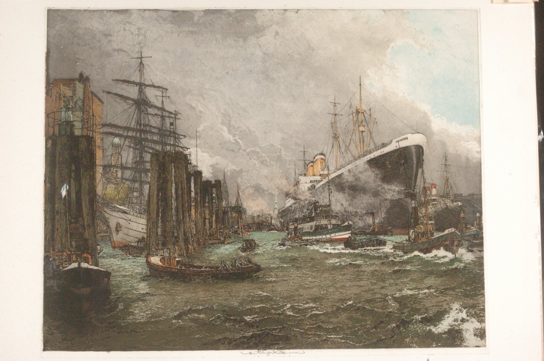 *LUIGI KASIMIR (1881 - 1962) PENCIL SIGNED COLOR ETCHIN: A monumental work signed lower center, image size of 22 x 28 inches, the full untrimmed sheet size 29.75 x 34.75 inches.