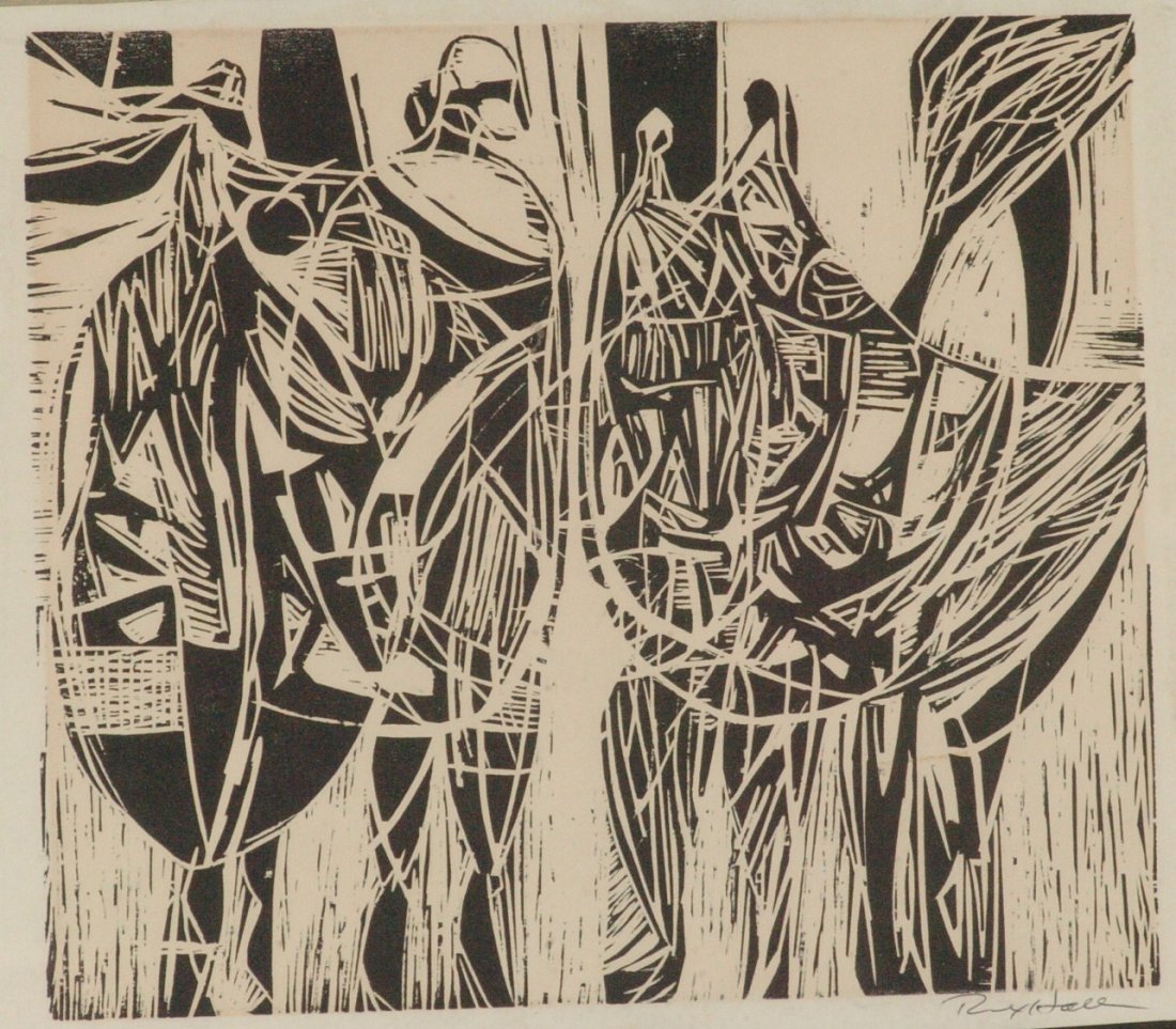REX HALL ( 1924 - 2004) KANSAS MODERNIST SIGNED WOODCUT: Pencil signed woodcut print that as suggested by accompanying newspaper article, was the gift print for the Kansas Federation of Art, year unknown, circa 1950. Image size of 8 x 9 inches through the m