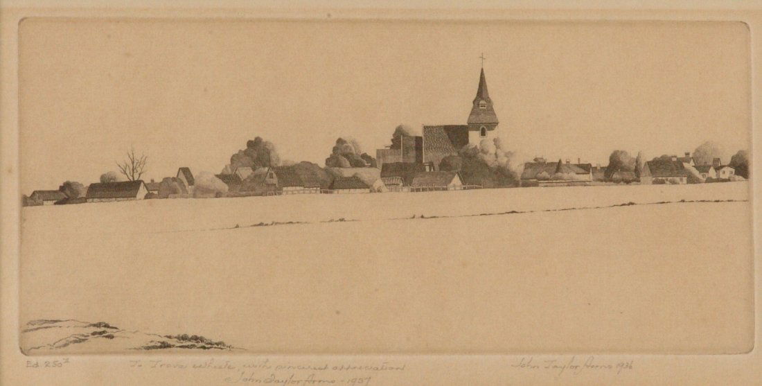 JOHN TAYLOR ARMS (1887 - 1953) PENCIL SIGNED ETCHING: Titled 'Normandy Noon' edition of 250, inscribed center; To Treeva Wheete with sincerest appreciation'. Treeva Wheete (1890-1982) was an Oklahoma artist. Image size of 3.25 x 7 inches through the mat