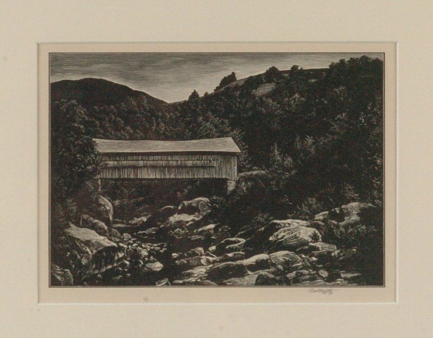 ASA CHEFFETZ (1896 - 1965) PENCIL SIGNED WOOD ENGRAVING: A Covered Bridge, sight size of 5 x 7.25 inches through the mat with an overall framed size of 13.25x 15.25 inches