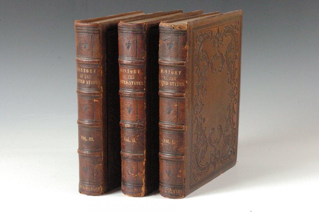 Spencer, J.A., History of the United States, Three Vols: Subtitled 'From the Earliest Period to the Administration of James Buchanan.' Published by Johnson, Fry and Company, 4to, embossed leather hardcovers, gilded foredges. Show toning, rubbing, bumping, s