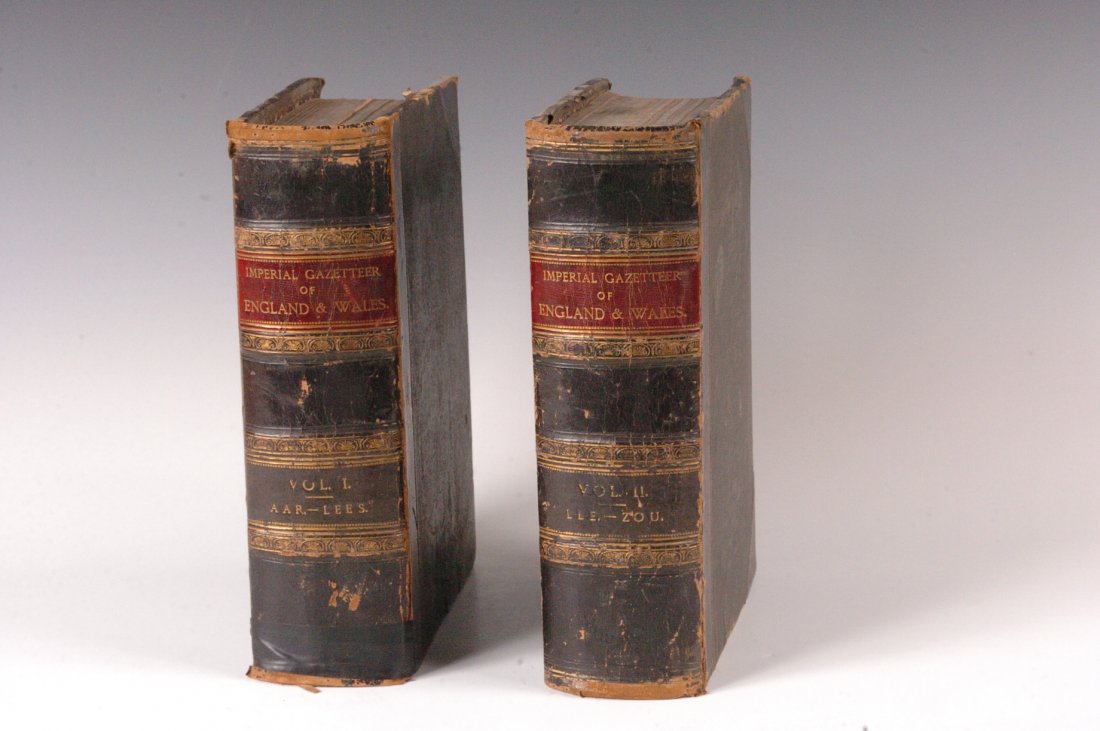 Wilson, J.M, Imperial Gazetteer of England and Wales, 1: Volumes 1 and 2, by John Marius Wilson, published by A. Fullarton & Co., 11 x 7.5 inches. Volume 1 with detached spine, taped boards and leather spine. Both show significant wear and age, toning, rubb