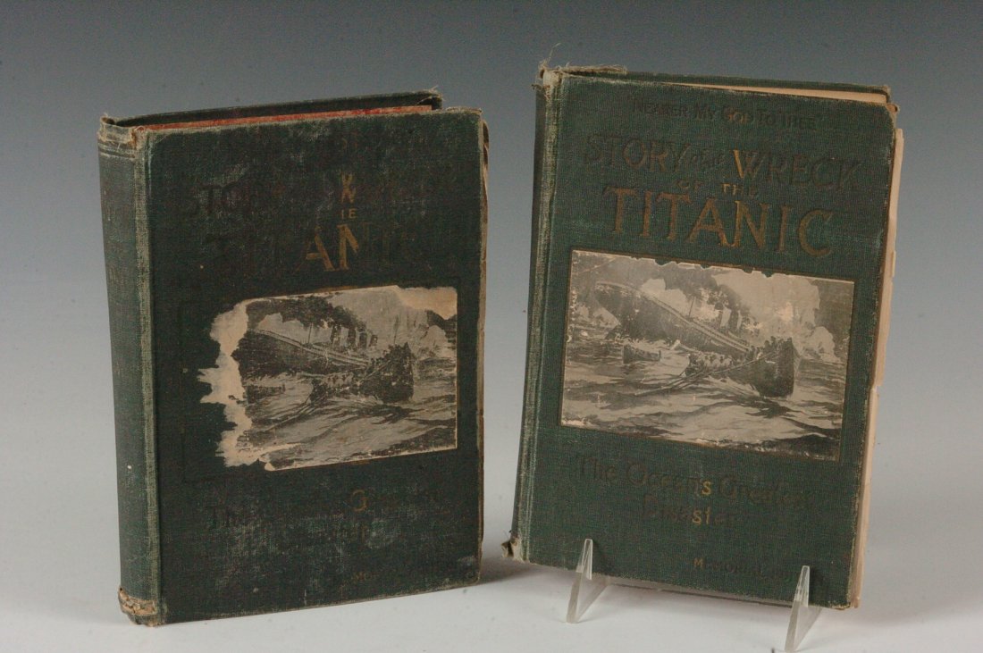 Two copies of 'Wreck and Sinking of the Titanic,' 1912: Both 1912 'Memorial Editions,' edited by Marshall Everett, 320 pp, green boards with applied illustration, 8vo. Both with considerable toning, rubbing, bumping, wear and tear, loose boards, binding mo