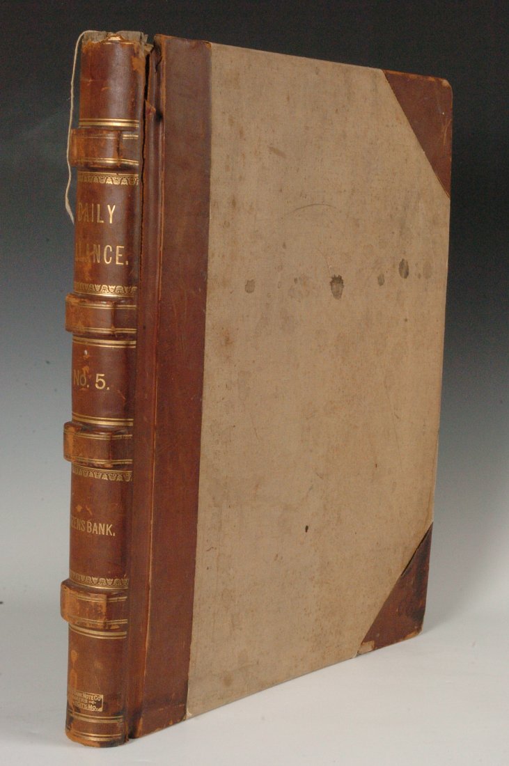 Citizens Bank Daily Balance Book, 1900: Massive cloth hardcover with leather spine and corners, folio, 20 x 17.5 inches, marbled foredges, handwritten entries dated 1900 and 1901, Union Bank Note Company plate affixed to front marbled paste
