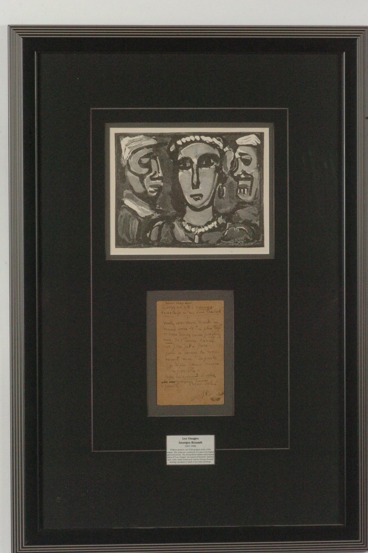 GEORGES ROUAULT (1871-1958) SIGNED WOODCUT 'LES VISAGES: Titled 'Les Visages,' woodcut signed in the plate, image size 6 x 7-3/4 inches, frame size 16-1/4 x 25 inches. Professionally matted and framed. Includes in inset handwritten postcard by Rouault, invi